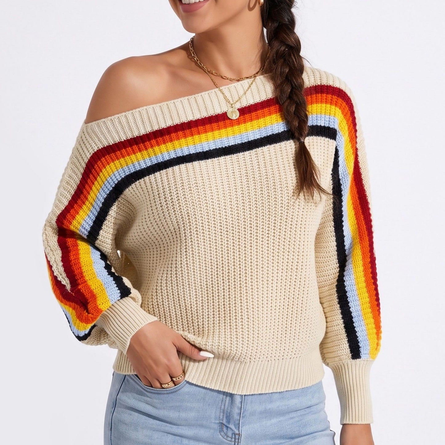 Rainbow Stripe One Shoulder Balloon Sleeve Knit Sweater