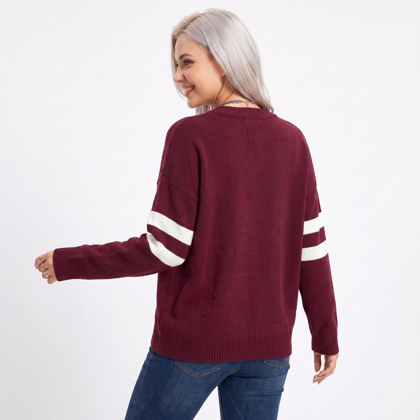 Star Graphic Striped Sleeve Crewneck Knit Sweater
