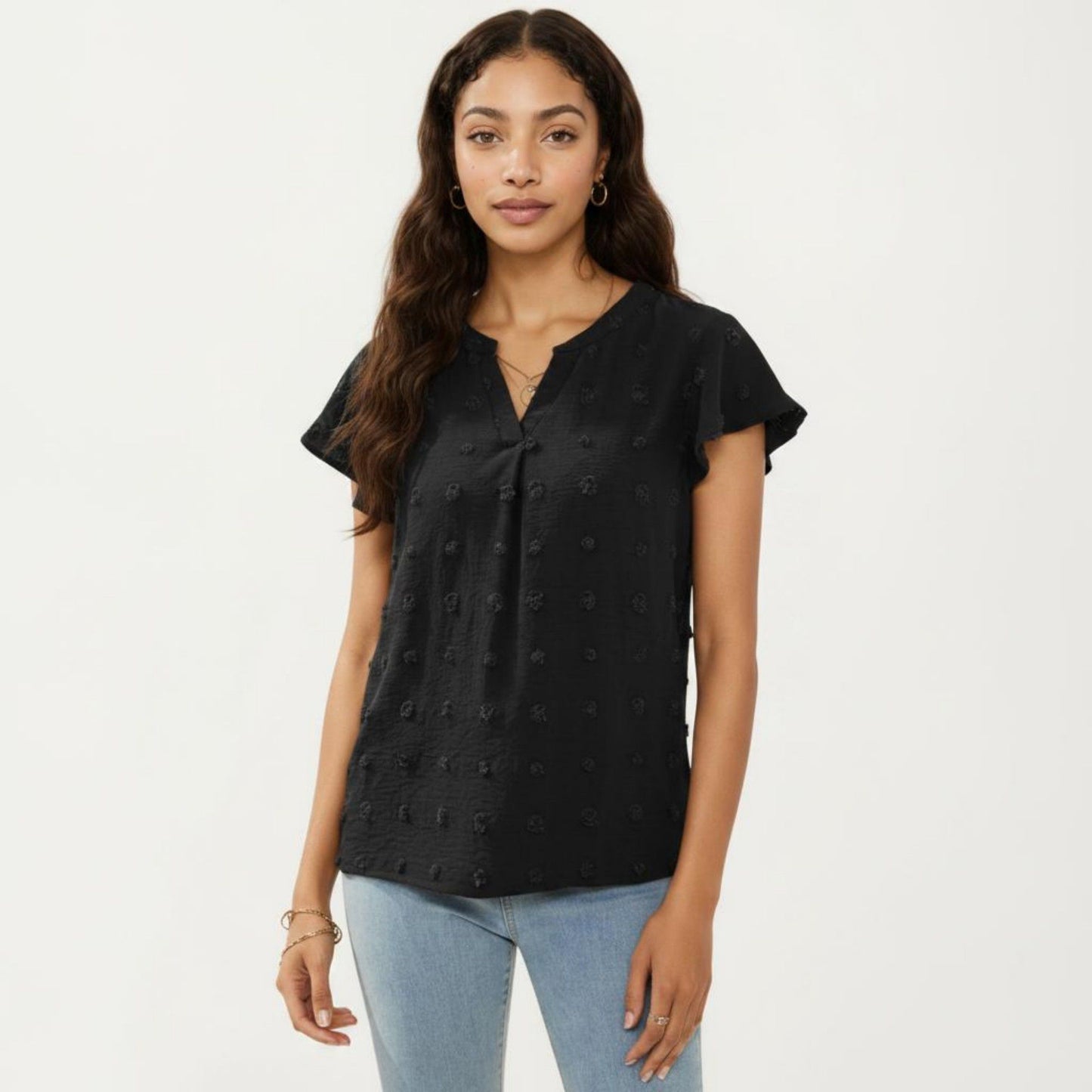 Short Sleeve Swiss Dot Top with Split Neckline and Soft Textured Fabric