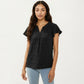Short Sleeve Swiss Dot Top with Split Neckline and Soft Textured Fabric