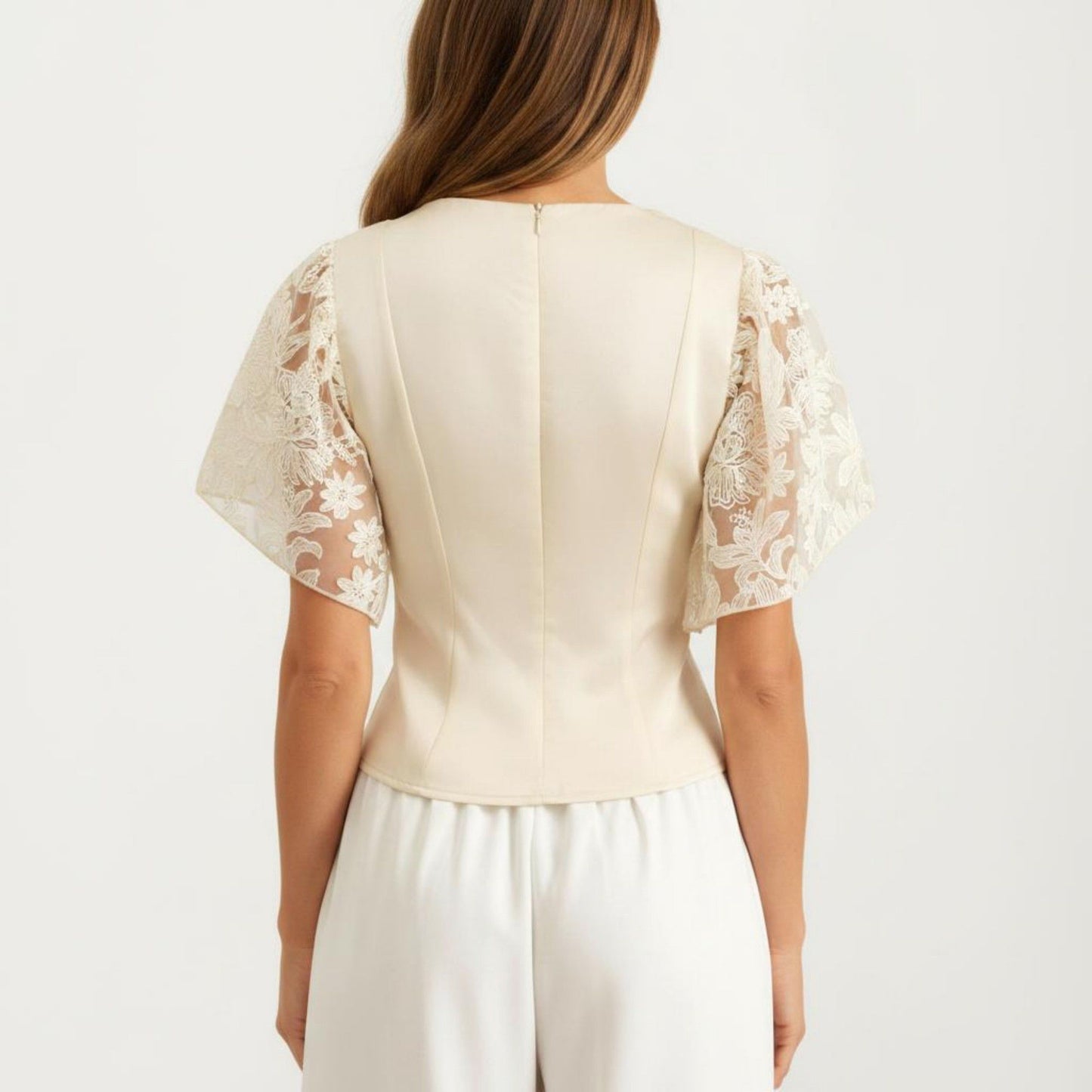 Short Sleeve Blouse with Floral Lace Cape Overlay and Embroidered Neckline
