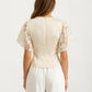 Short Sleeve Blouse with Floral Lace Cape Overlay and Embroidered Neckline