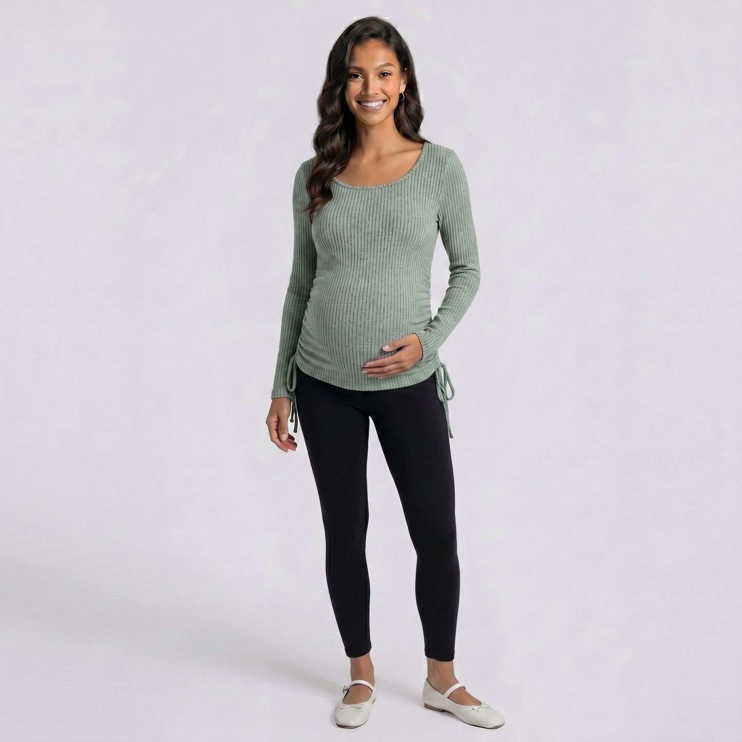 Maternity Ribbed Long Sleeve Top with Scoop Neck and Side Ruched Tie Detail