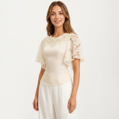 Short Sleeve Blouse with Floral Lace Cape Overlay and Embroidered Neckline