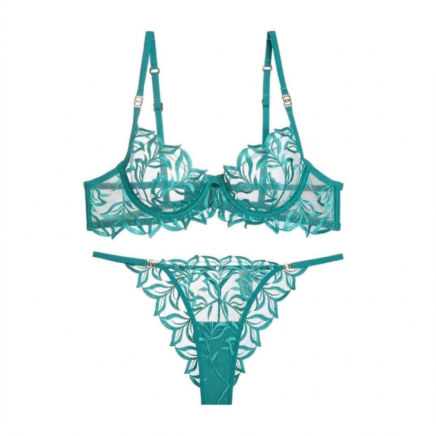2 Piece Leaf Embroidered Mesh Underwire Bra and Thong Lingerie Set