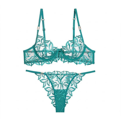 2 Piece Leaf Embroidered Mesh Underwire Bra and Thong Lingerie Set