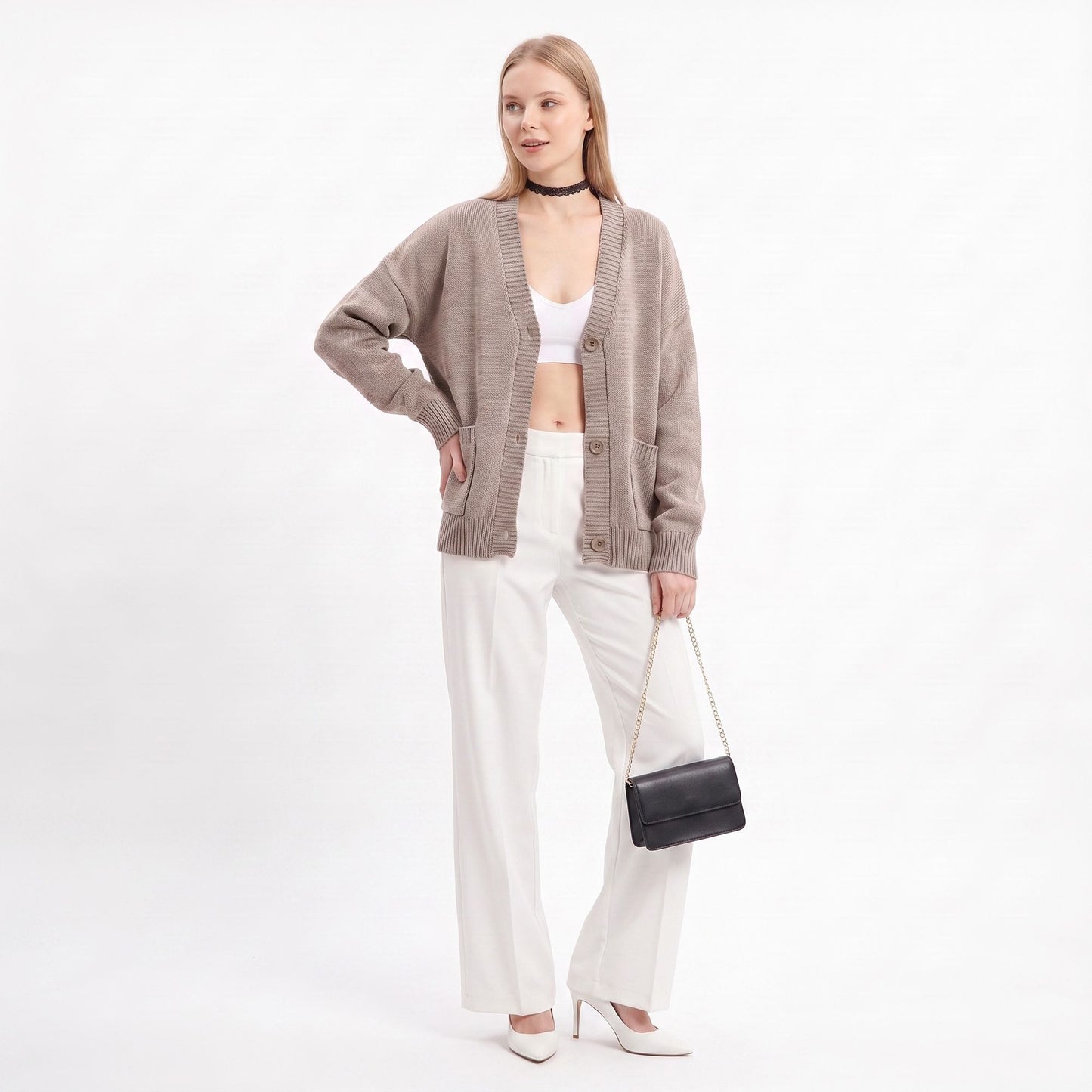Oversized V Neck Button Front Cardigan with Pockets
