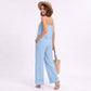 Sleeveless Button Front Jumpsuit with Crochet Lace Back