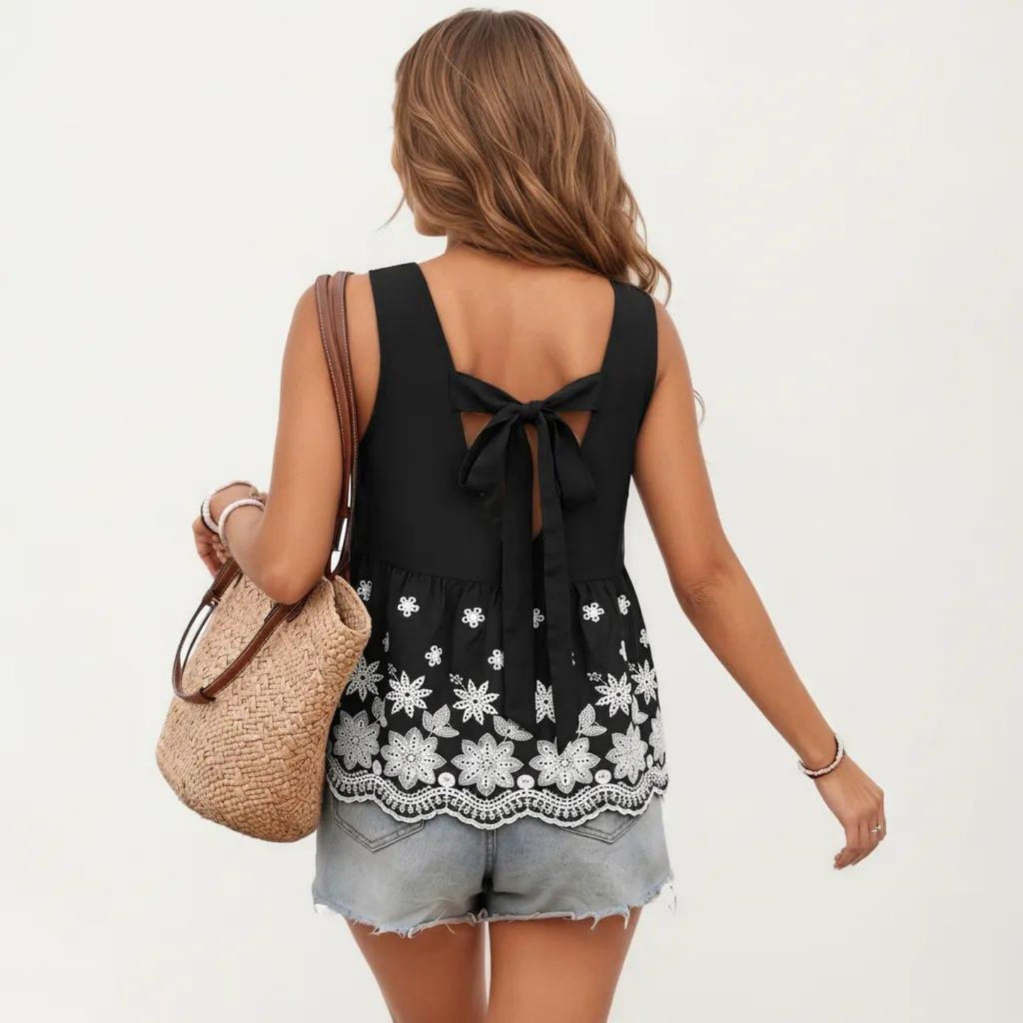 Embroidered Floral Peplum Tank Top with Back Tie