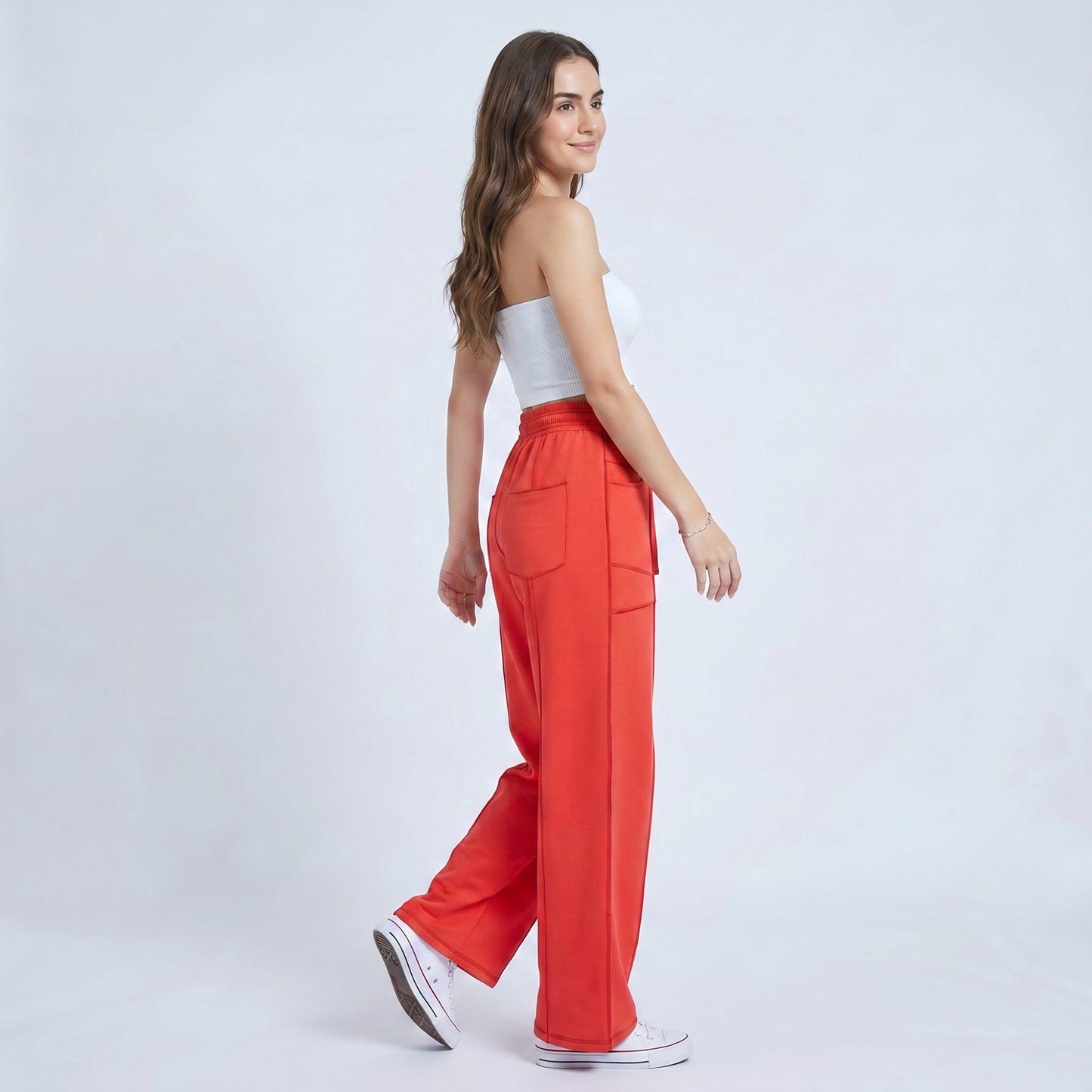 High Rise Drawstring Wide Leg Utility Pants with Patch Pockets
