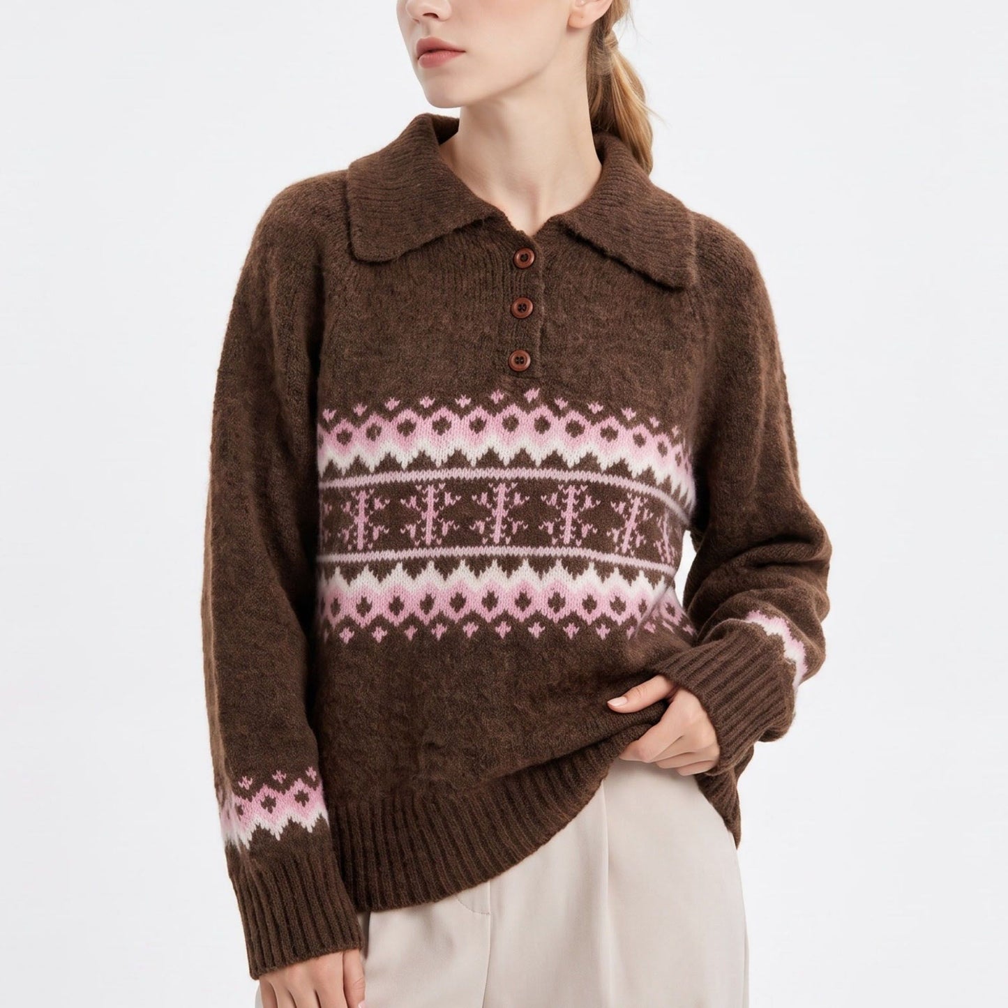Fair Isle Collared Henley Pullover Sweater
