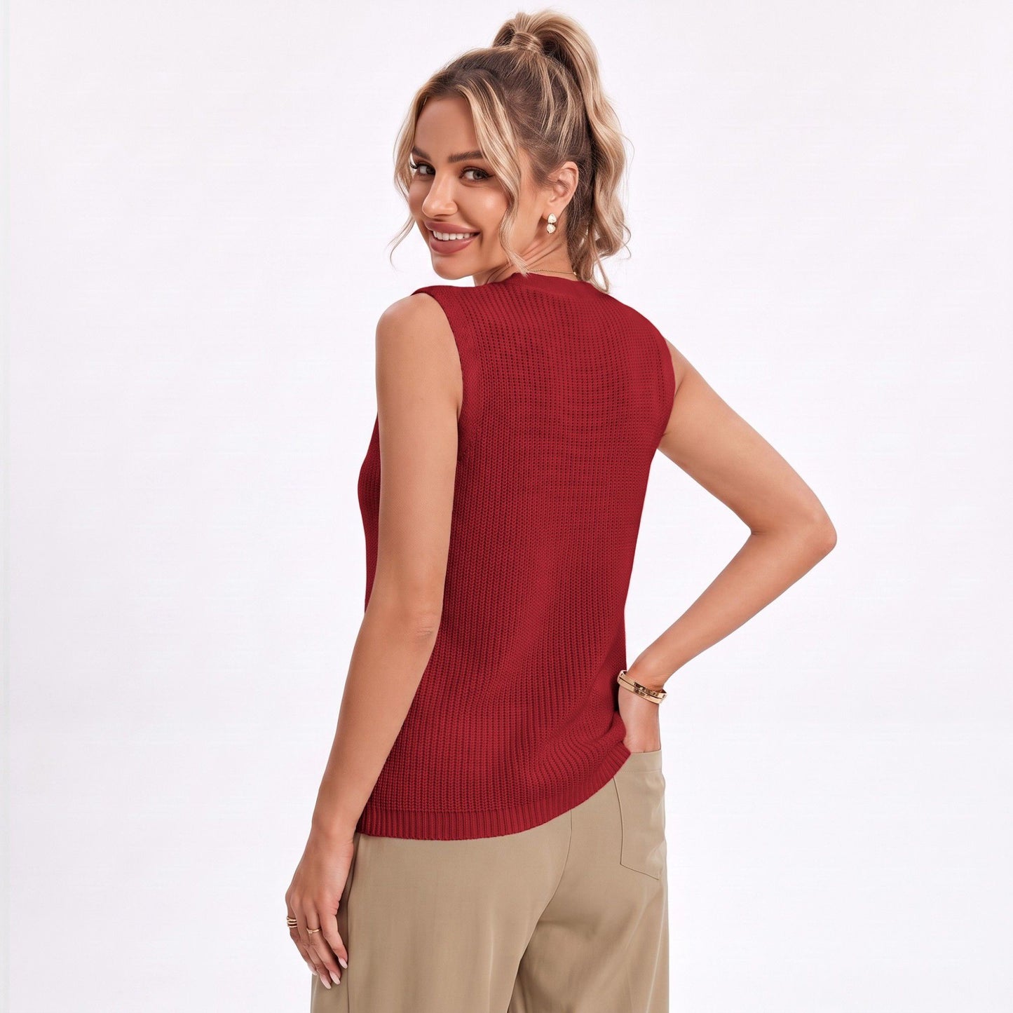 Button Front Sweater Vest V Neck Sleeveless Knit Pocket Top
