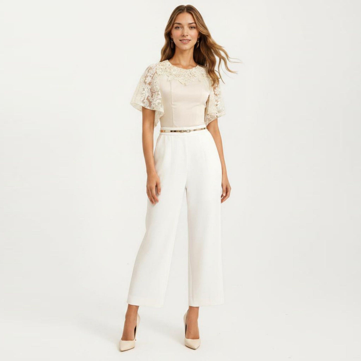 Short Sleeve Blouse with Floral Lace Cape Overlay and Embroidered Neckline