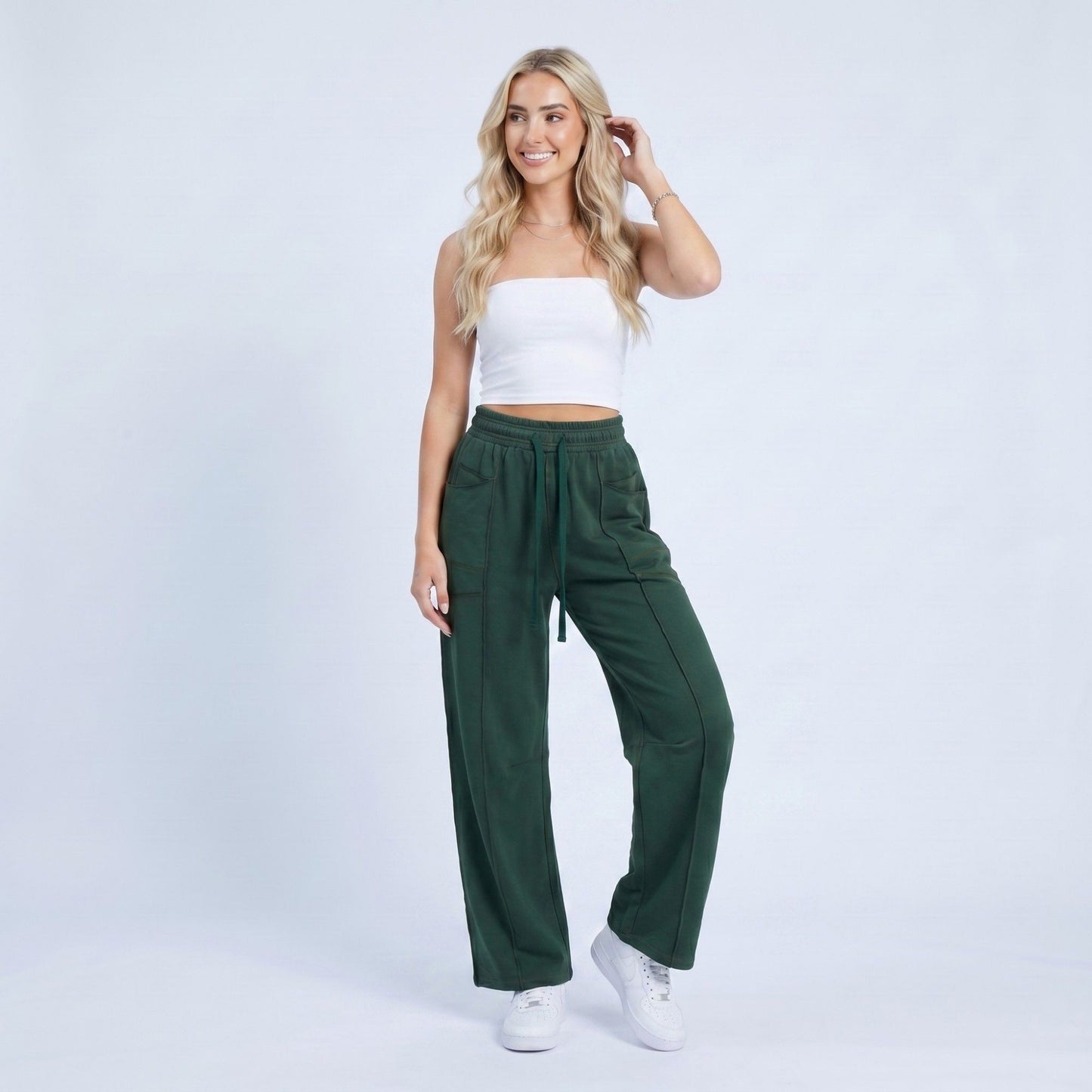 High Rise Drawstring Wide Leg Utility Pants with Patch Pockets