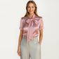 Satin Bow Neck Blouse with Short Sleeves and Smooth Draped Finish