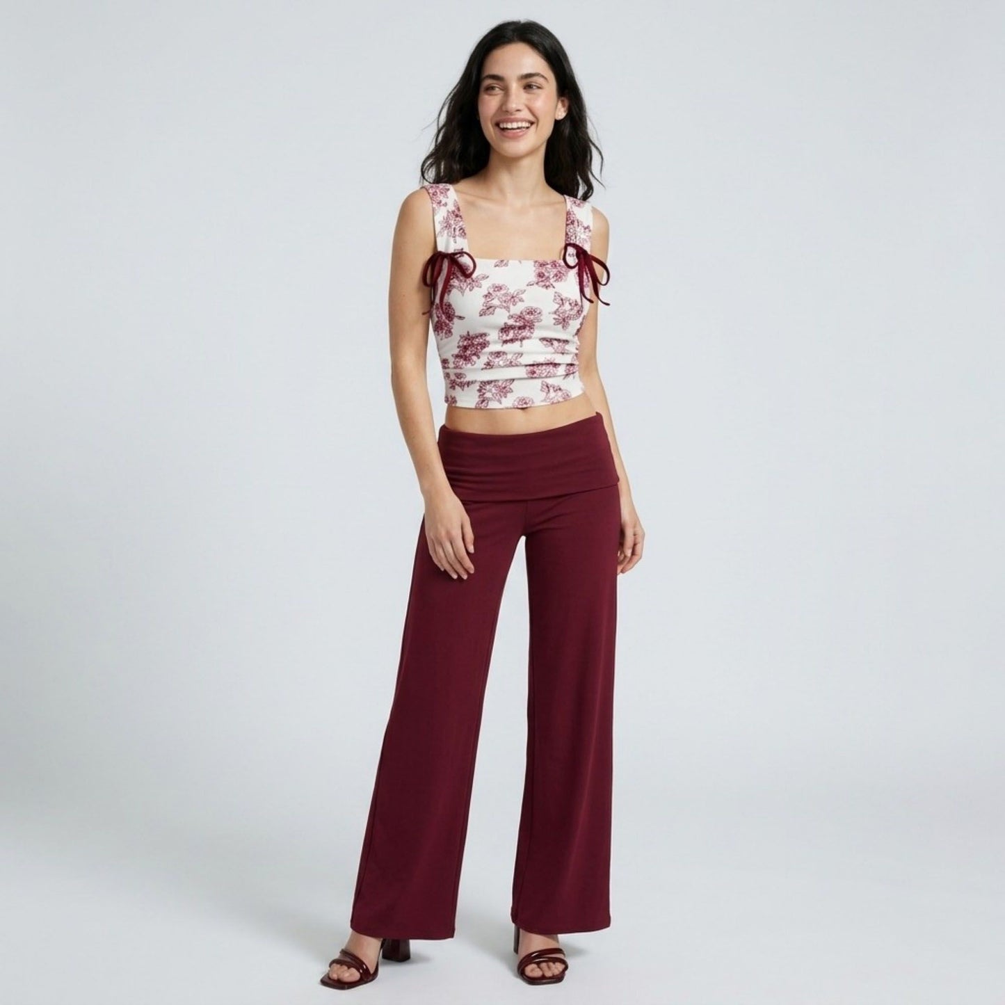 Foldover Waistband Full-Length Wide-Leg Trousers
