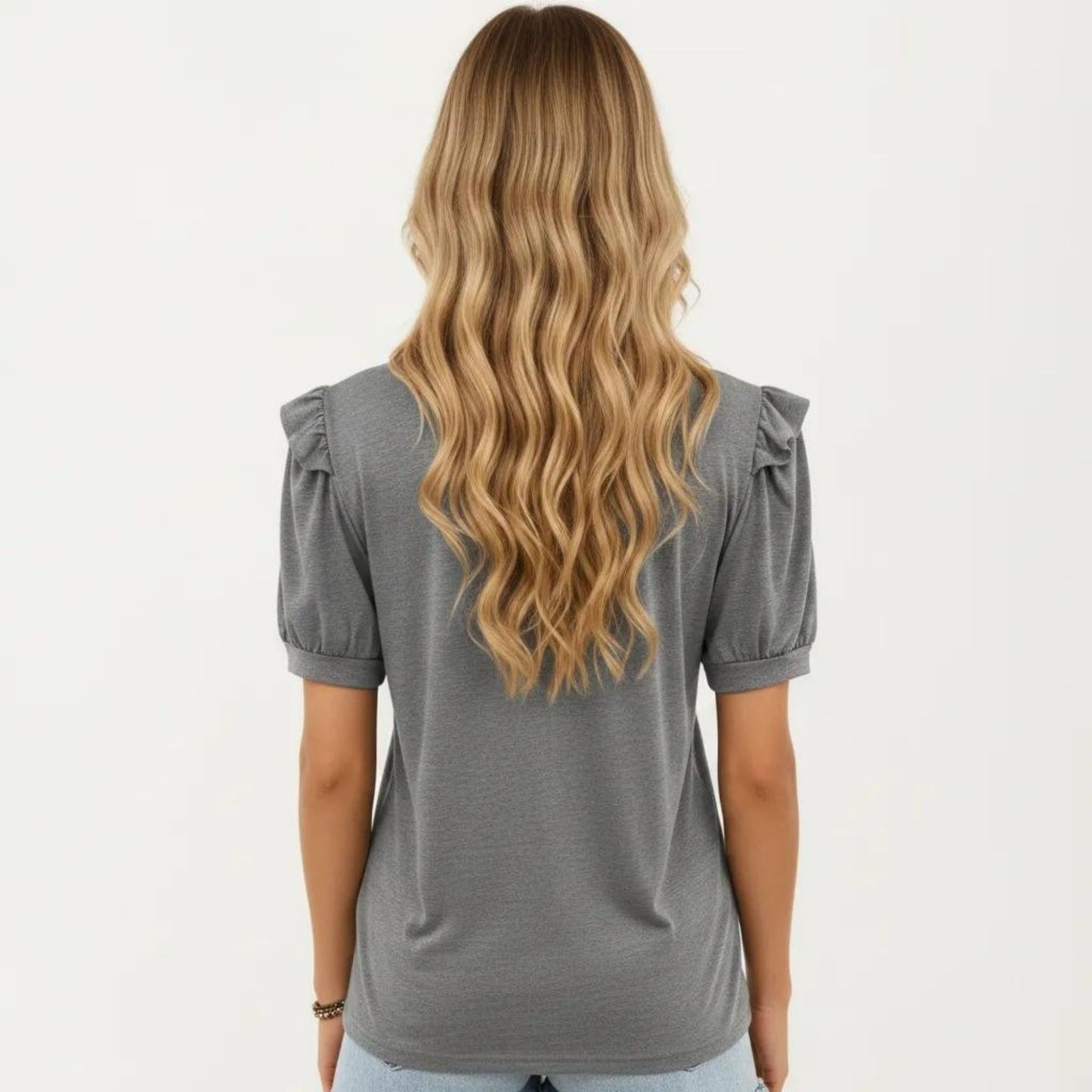 Short Puff Sleeve Top with Scoop Neck Textured Knit Relaxed Fit Casual Shirt