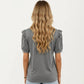 Short Puff Sleeve Top with Scoop Neck Textured Knit Relaxed Fit Casual Shirt