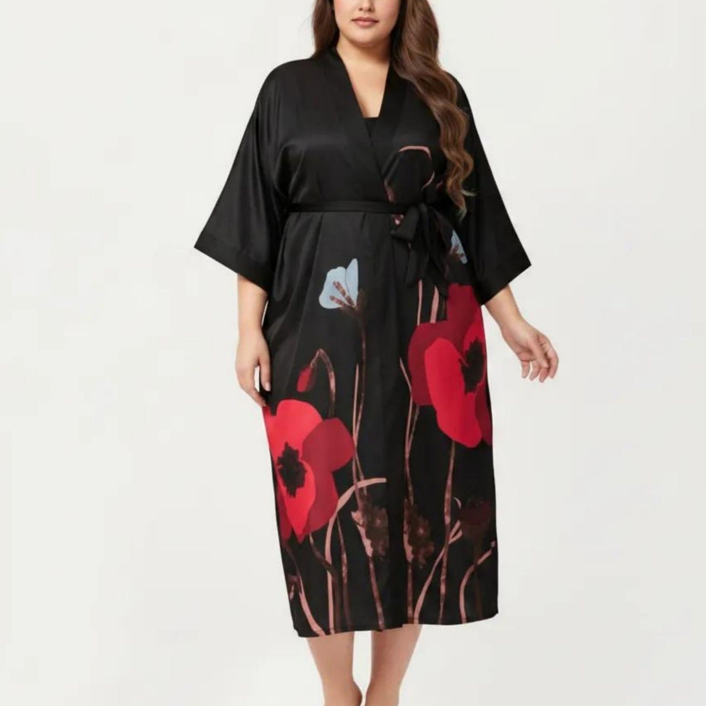 Plus Size 2-Piece Floral Kimono Robe Set with Short Sleeve Open Front Longline Cover Up and Matching Inner Dress