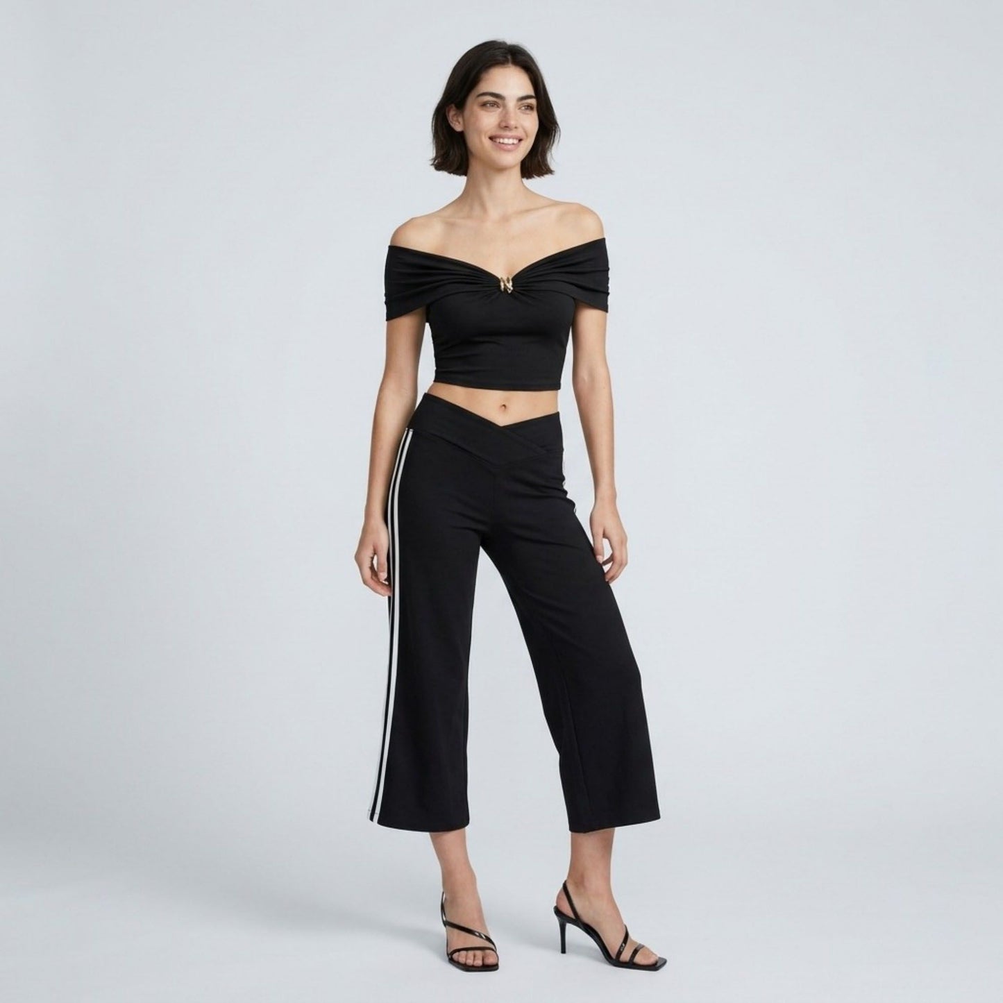 Crossover Waistband Side-Stripe Cropped Wide-Leg Trousers