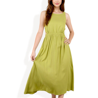 Sleeveless Midi Dress with Elastic Waist and Flowy Skirt