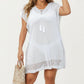 Knit Swim Cover Up Dress with Tassel Tie Neck Open Knit Trim and Relaxed Short Sleeves