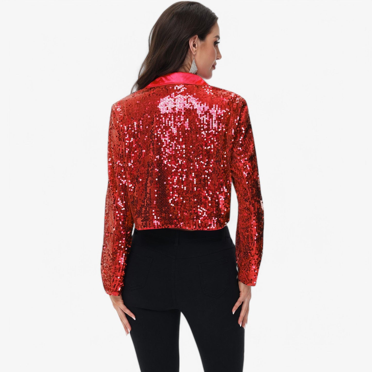 Sequin Cropped Blazer Long Sleeve Sparkly Open Front Jacket