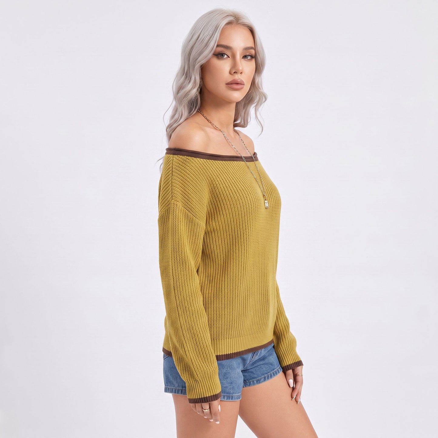 Contrast Trim Off Shoulder Long Sleeve Knit Sweater