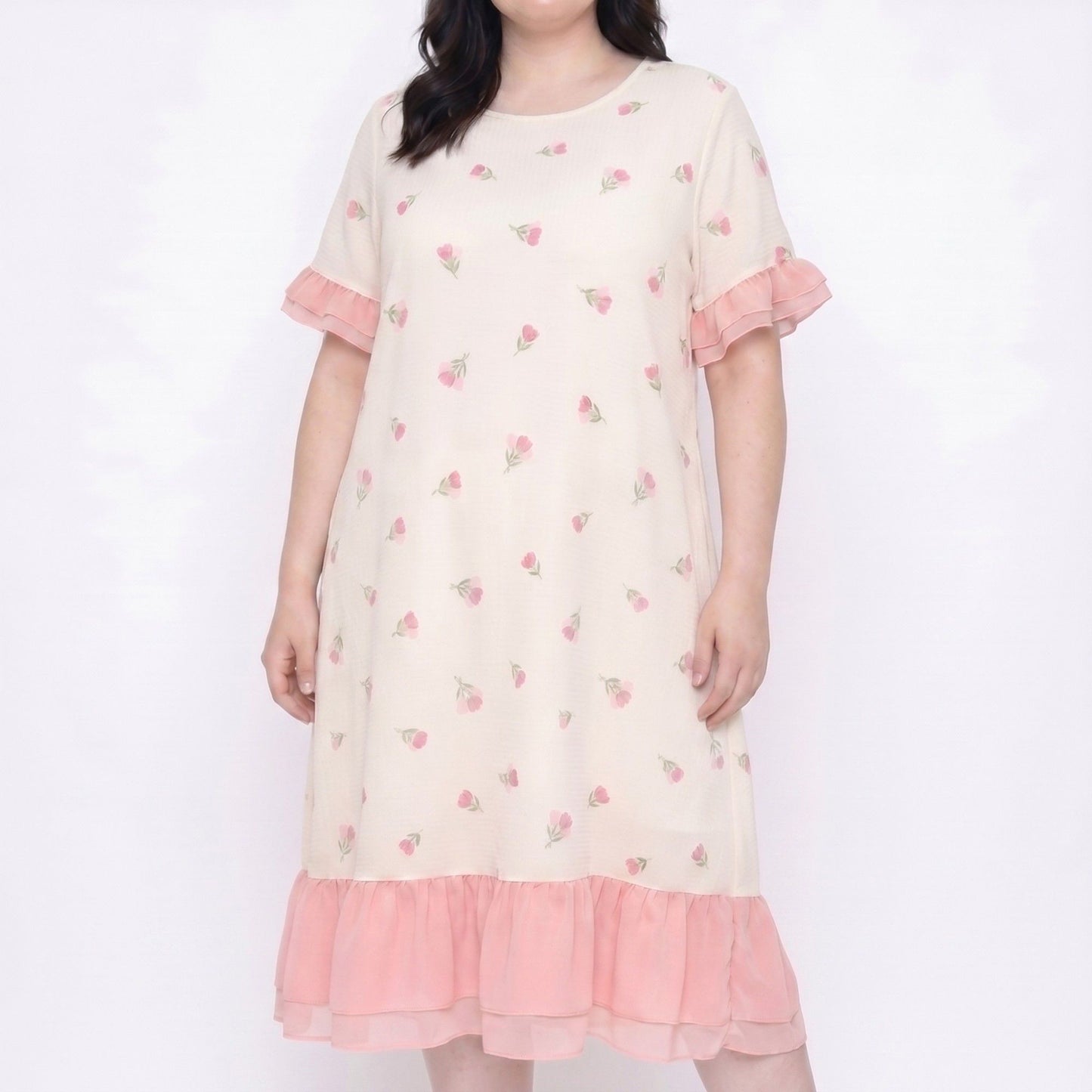 Short Sleeve Floral Midi Nightgown Ruffle Trim Relaxed Sleep Dress