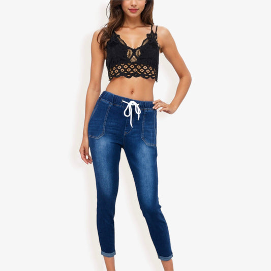 Drawstring Waist Skinny Denim Jeans With Pockets Cuffed Hem