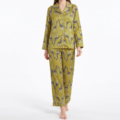 Giraffe Print 2 Piece Pajama Set with Long Sleeve Button Down Top and Pants