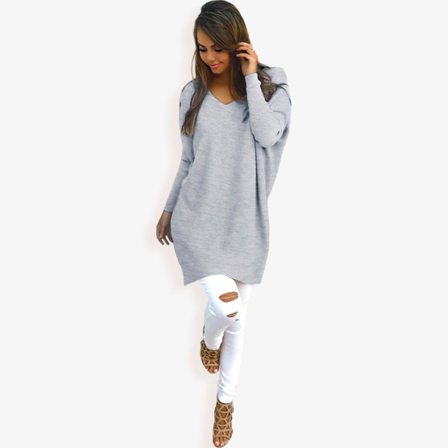 Oversized V-Neck Fleece Tunic Sweater Long Sleeve Cozy Top