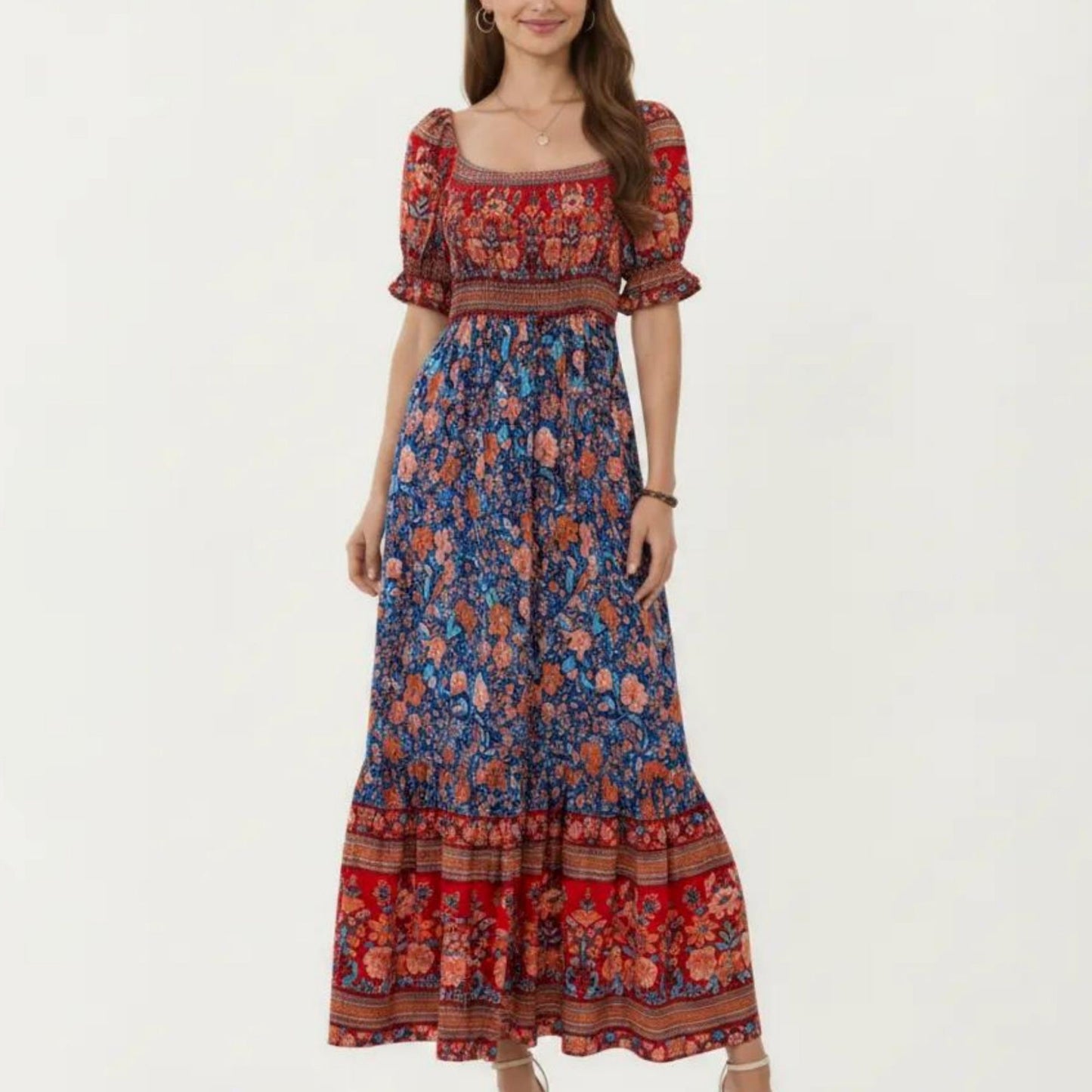 Puff Sleeve Maxi Dress with Mixed Floral Print and Border Hem