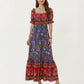 Puff Sleeve Maxi Dress with Mixed Floral Print and Border Hem