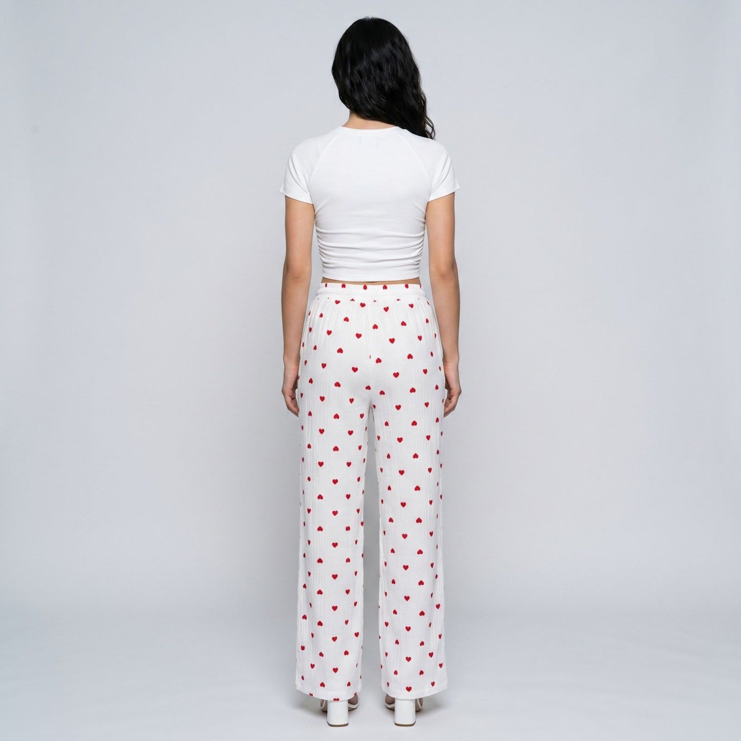 Heart Print Wide Leg Lounge Pants Elastic Drawstring Waist Casual Trousers with Pockets