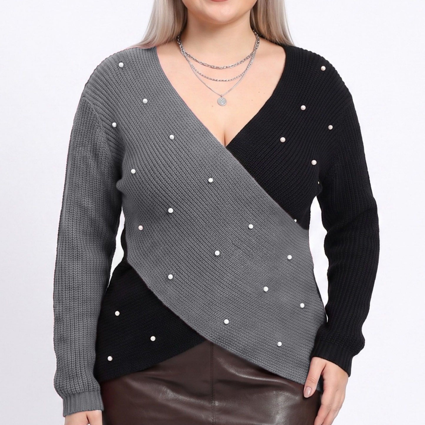 Plus Size Faux Pearl Colorblock Wrap Front Sweater