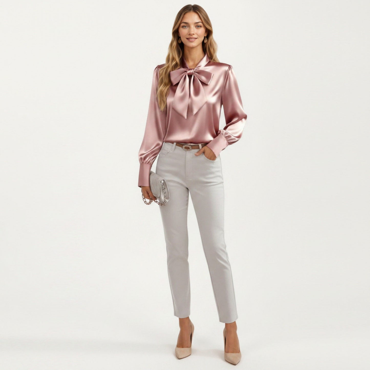 Satin Bow Neck Blouse with Long Puff Sleeves and Wide Cuffs