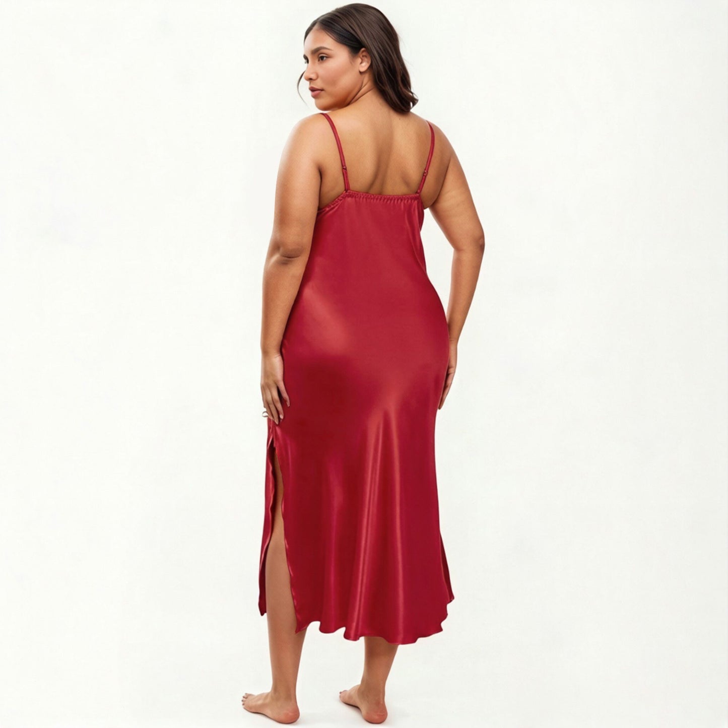 Plus Size Satin Chemise Nightgown with Lace Trim Neckline Adjustable Straps Side Slit Slip Dress