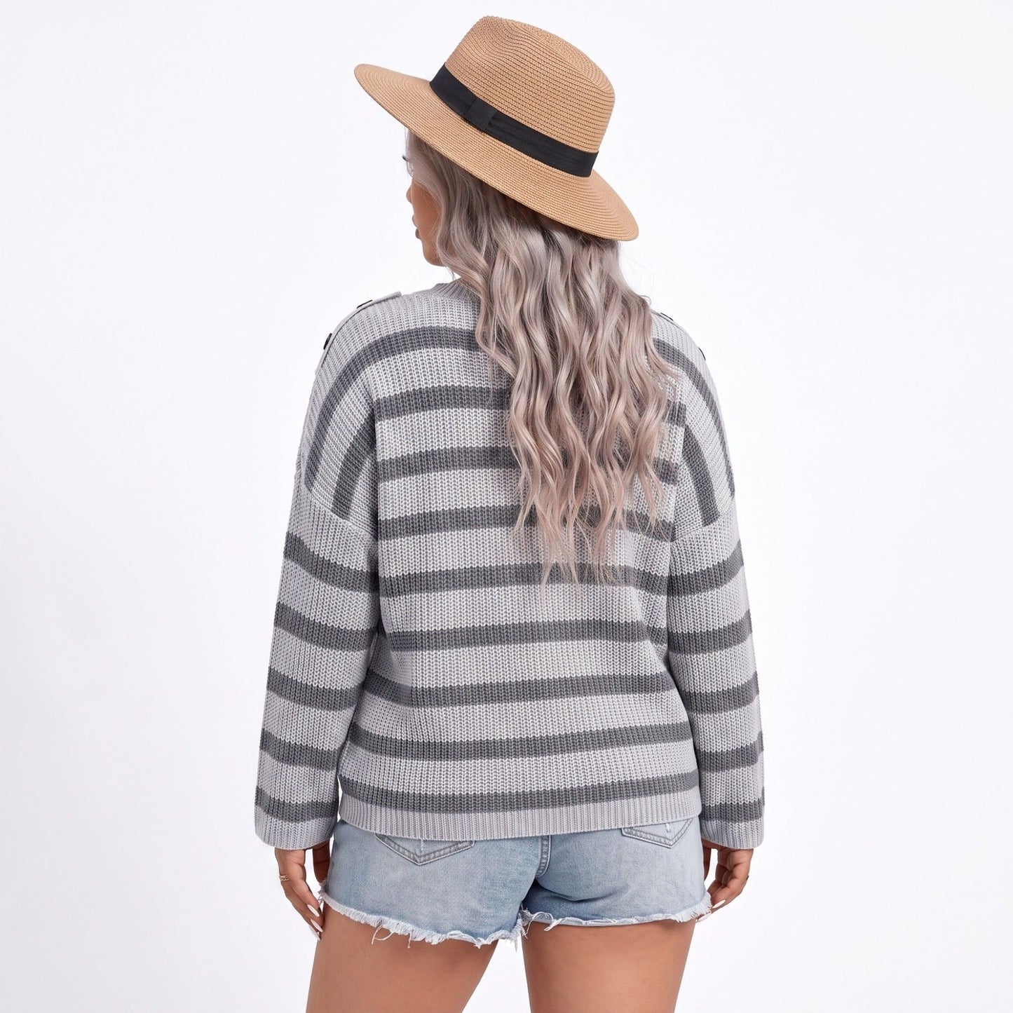 Plus Size Striped Crewneck Button Shoulder Sweater
