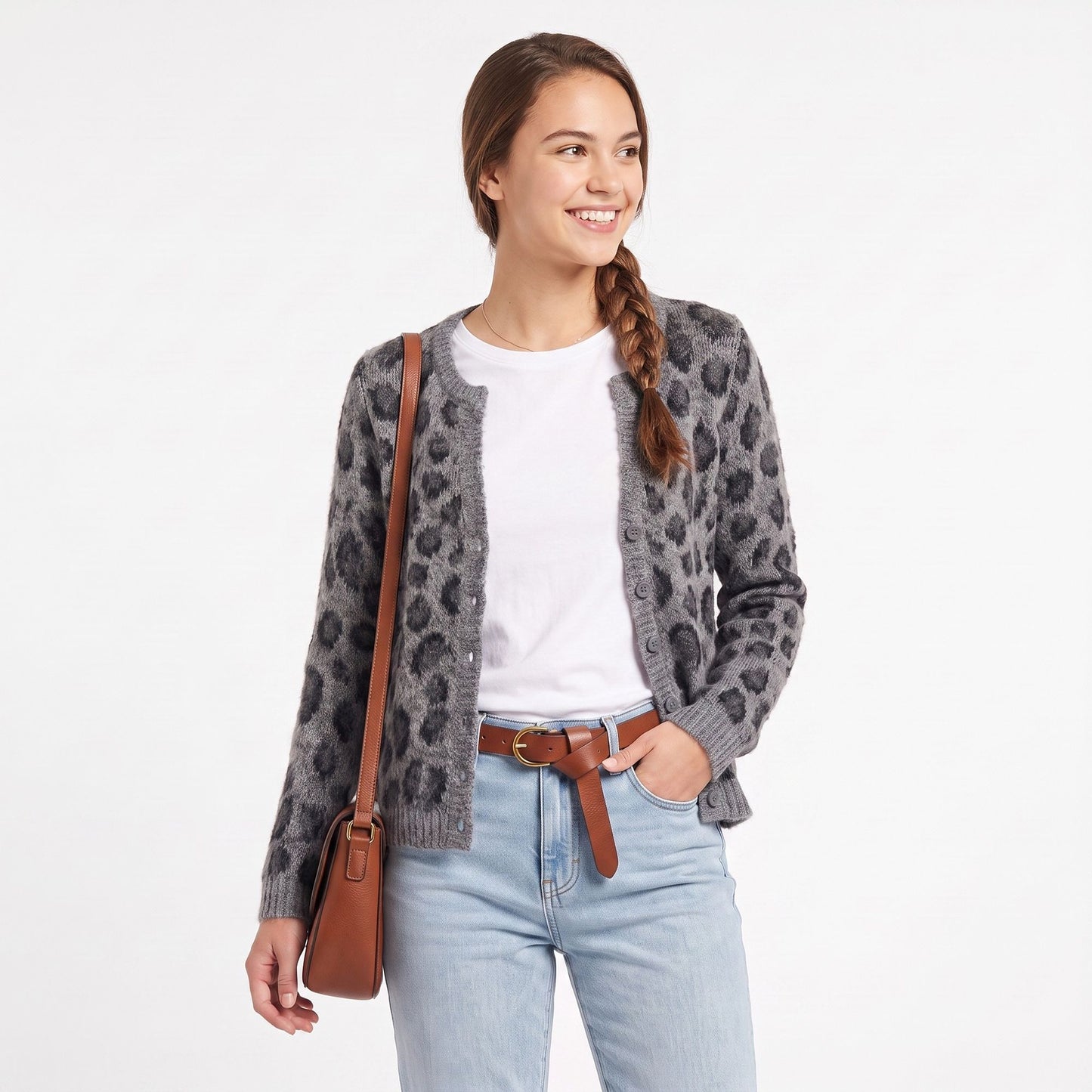 Fuzzy Leopard Print Button Front Cardigan Sweater