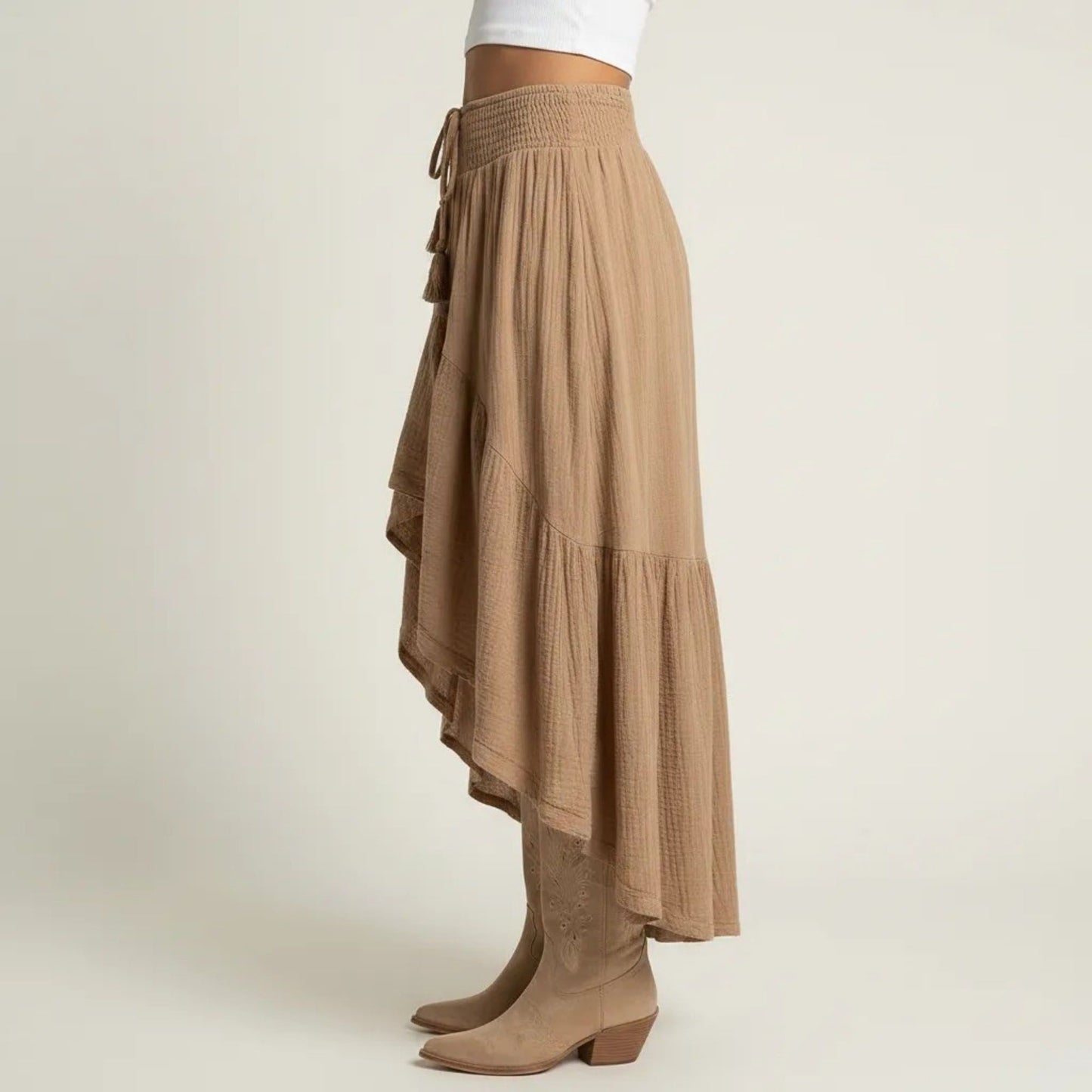 High Low Maxi Skirt Smocked Waist Tassel Tie Flowy Tiered Boho Casual Skirt