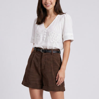 Floral Embroidered V-Neck Short Puff Sleeve Blouse with Pintuck Detail Button Front and Relaxed Fit
