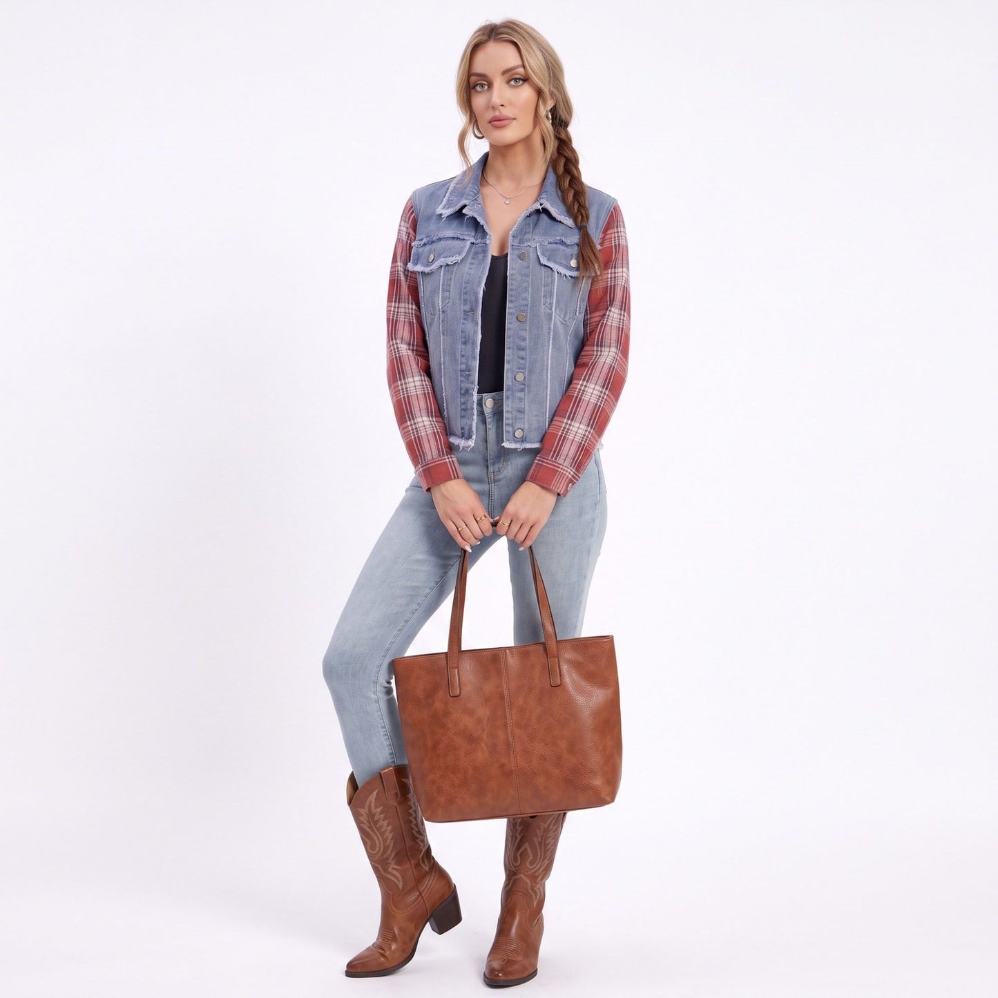 Plaid Sleeve Denim Jacket Button Front Distressed Frayed Hem Shacket