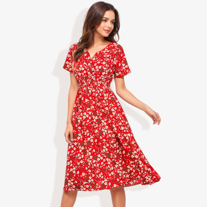 Cross Front Floral Print Dress with Smocked Waist