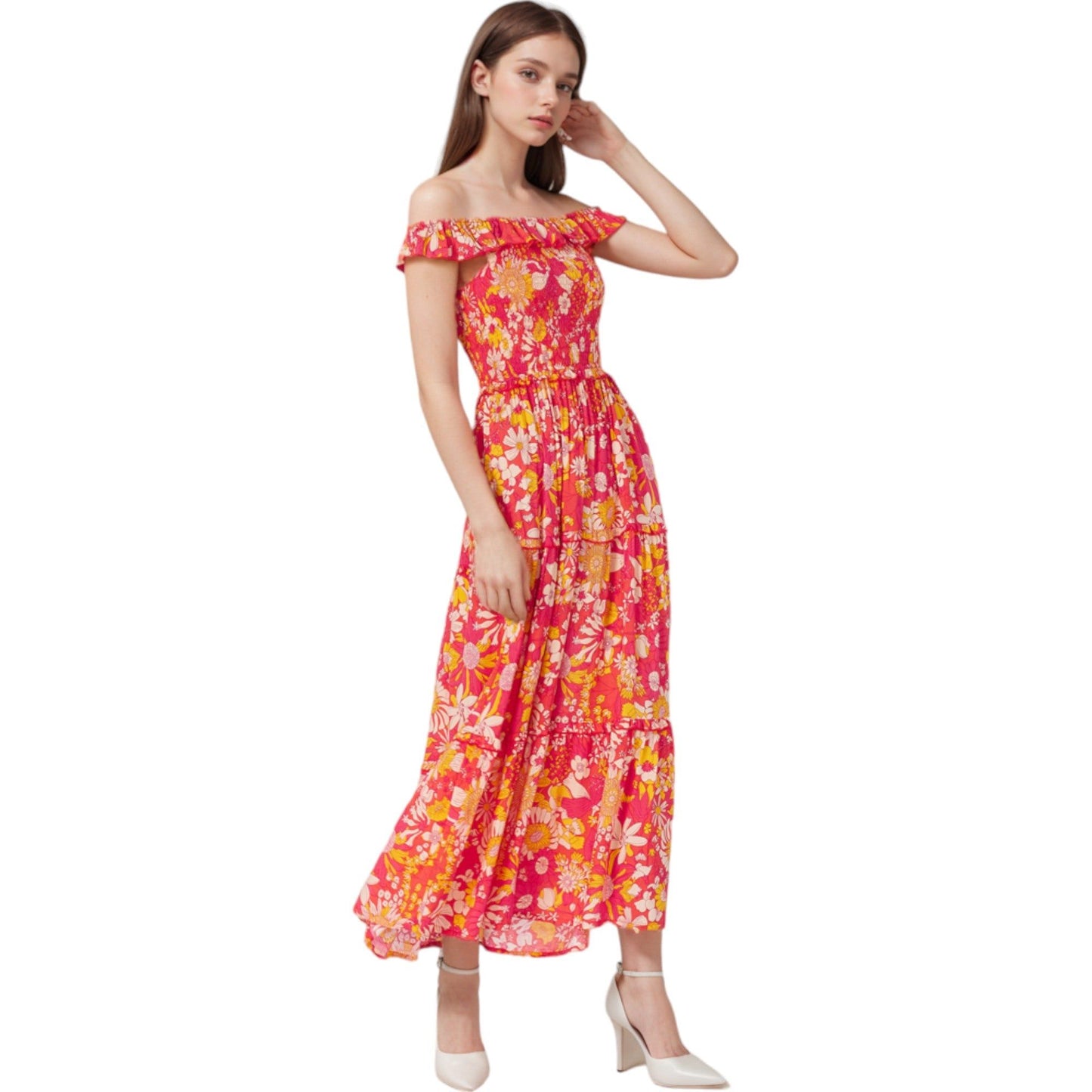 Smocked Chest Floral Print Maxi Dress with Ruffle Hem