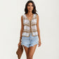 Sleeveless Striped Crochet Knit Vest with Tie Front and Open Stitch Design