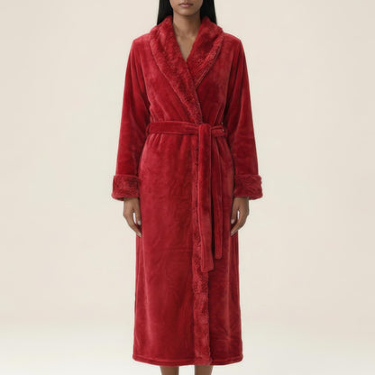 Plush Bathrobe with Shawl Collar, Self Tie Belt and Faux Shearling Trim
