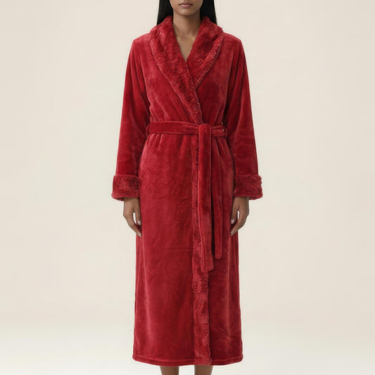 Plush Bathrobe with Shawl Collar, Self Tie Belt and Faux Shearling Trim