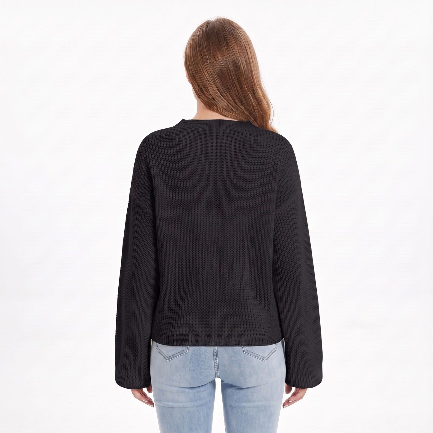 V Neck Textured Knit Pullover Sweater with Long Sleeves