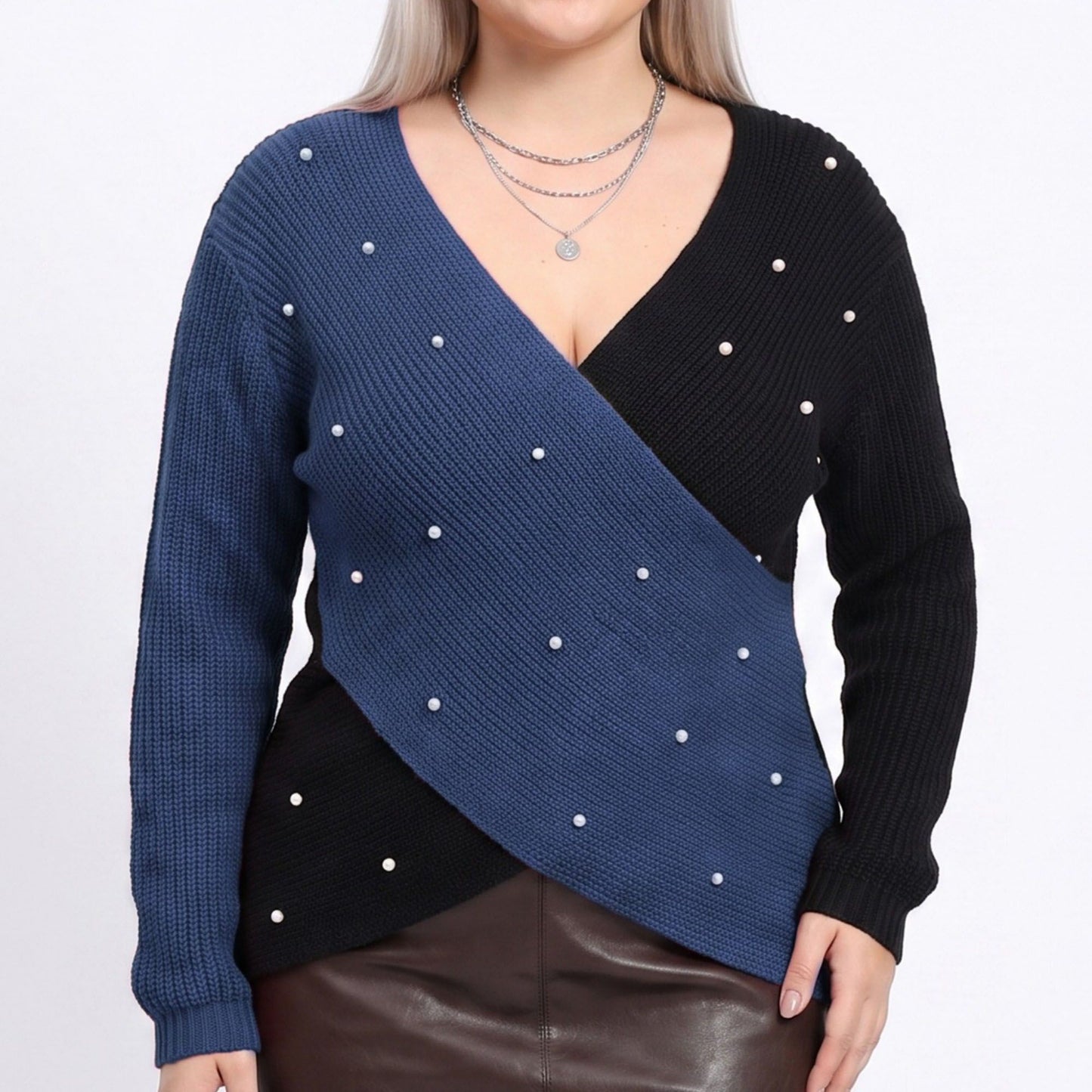 Plus Size Faux Pearl Colorblock Wrap Front Sweater